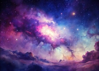 Vintage Watercolor Starry Sky Wallpaper, Purple Pink Celestial Night, Fabulous Galaxy Background