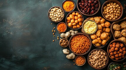 A vibrant medley of spices lentils nuts and grains in wooden bowls promising a culinary adventure set on a dark rustic