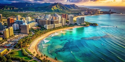 Waikiki Beach Aerial Macro Photography: Honolulu, Oahu, Hawaii High-Rise Buildings, Turquoise Waters, Diamond Head