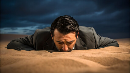Obraz premium Man kneeling in sand, desolate desert landscape