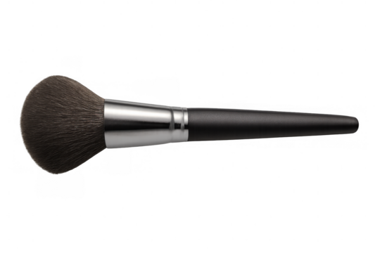 Sleek black-handled makeup brush with soft, plush bristles blending powders and creating natural, smooth cosmetic application