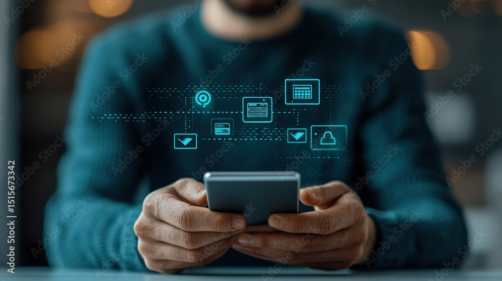 Aufkleber Person using smartphone with digital icons representing seamless connectivity and communication. image conveys sense of modern technology and efficient mobile interaction