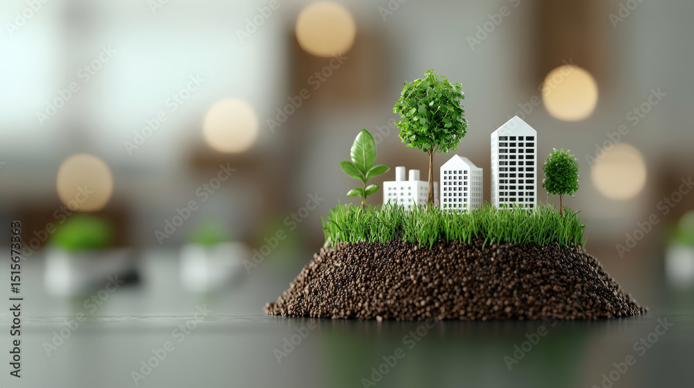 Poster miniature eco friendly city model with buildings and trees on small patch of soil symbolizes sustain