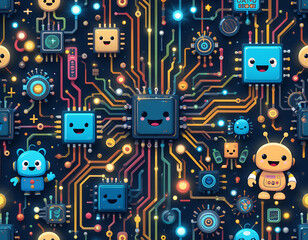 Obraz premium Cute Cartoon Circuit with Robots and Chips