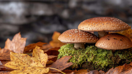 Mushrooms growing on moss with autumn leaves create serene forest scene