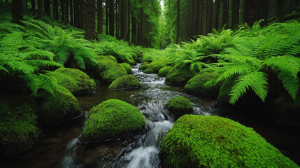 Serene stream flowing through mossy rocks and lush ferns in vibrant forest
