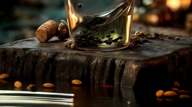Detailed shot of glass bottle filled with potion resting on rough stone surface, cork stopper, seeds and liquid inside, tied with twine detail, gold lighting