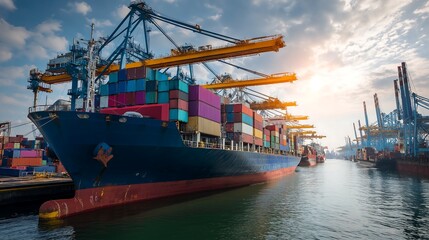 Fototapeta premium Cargo ship at a busy port with colorful shipping containers being loaded and unloaded under a bright sunny sky