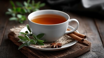 Aromatic herbal tea in a white cup on a dark wooden table