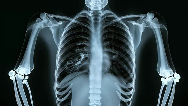 Torso X-Ray showing bones, ribs, and upper limb structure for medical diagnosis and health science research use in blue tint on dark background.