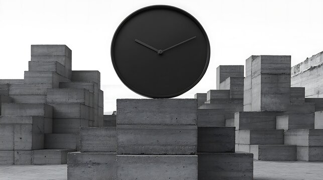Minimalist time composition with concrete blocks and a black analog clock