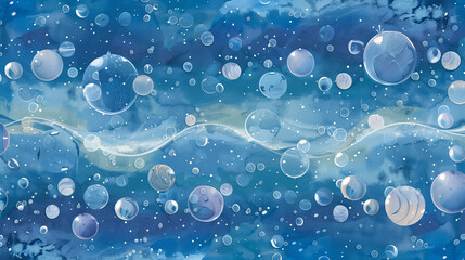 A blue wave with many bubbles in it. The bubbles are scattered throughout the wave, creating a sense of movement and energy. Scene is playful and fun