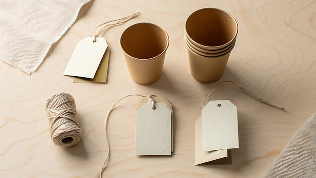 Natural eco friendly packaging and tag elements arranged on a light wooden background