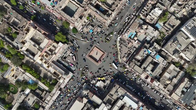 Overview top shot of highway interjunction with vechiles passing through