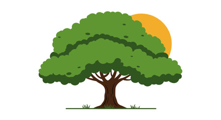 oak tree, green foliage, orange sun, detailed illustration, minimalist design, vector graphics, flat style, landscape, nature, outdoors