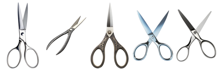 Variety of Scissors Displayed in Different Styles and Sizes, Isolated on Transparent, white background