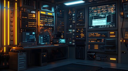 Futuristic server room filled with technological equipment.