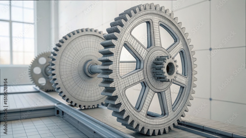 Poster detailed mechanical gear system simulation in a physical environment
