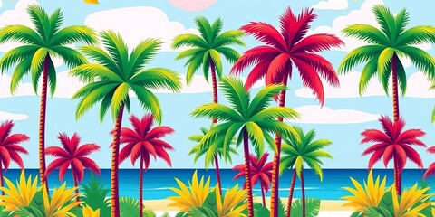 Obraz premium Vibrant seamless vector pattern of stylized palm trees on a tropical summer background, clipart, print