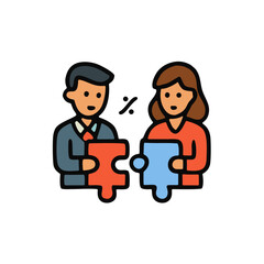 Naklejka premium Cartoon vector illustration of business people and family with puzzle pieces, symbolizing teamwork, love, and design