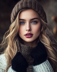 Woman with long blonde hair and a brown knit hat. She is wearing a scarf and gloves