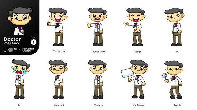 Complete Chibi Doctor Pose Pack Vol. 1, 9 Cartoon Animations for Content Creators on Greenscreen
