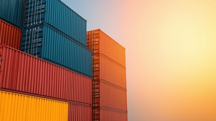 Fototapeta premium Stacked colorful shipping containers are illuminated by sunlight, illustrating global trade and logistics.