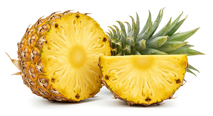 Pineapple Slices with Leaves on White Background