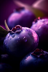 Close up of a blueberry with a droplet of water on it. The image has a moody and mysterious feel to it