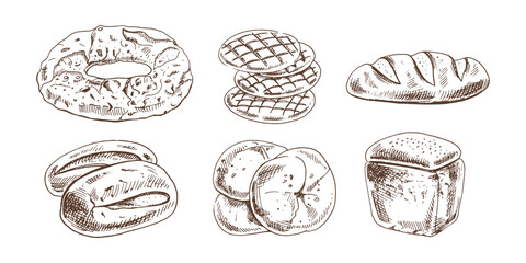 Hand drawn vintage sketch of assorted bread types in monochrome engraving style, bakery food set vector illustration