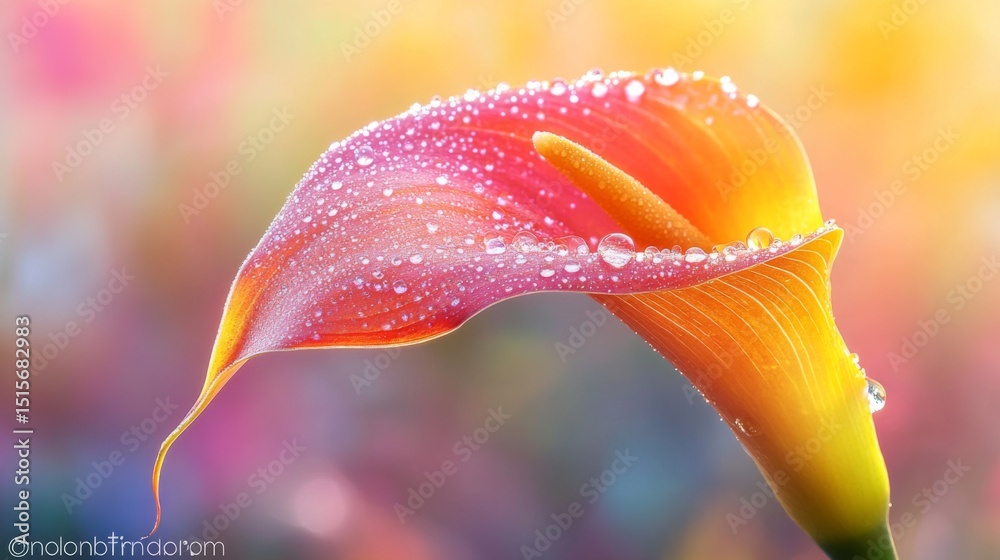 Poster an elegant close-up of a calla lily with dew drops glistening on its smooth petals, highlighting its
