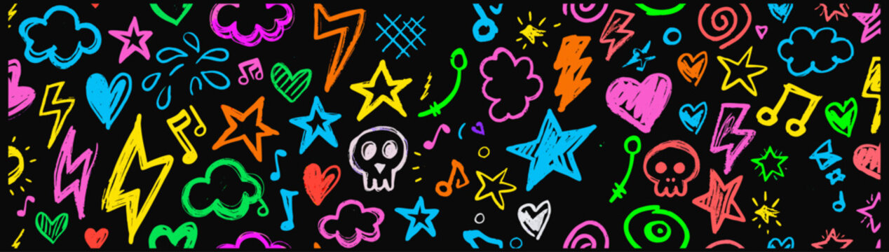 Vibrant Doodle Pattern on Black Background. A repeating pattern of colorful, hand-drawn doodles on a black background.