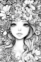 Woman with long hair is wearing a flower crown. The flowers are in various colors and sizes, and they are scattered throughout the crown. The woman's face is the main focus of the image