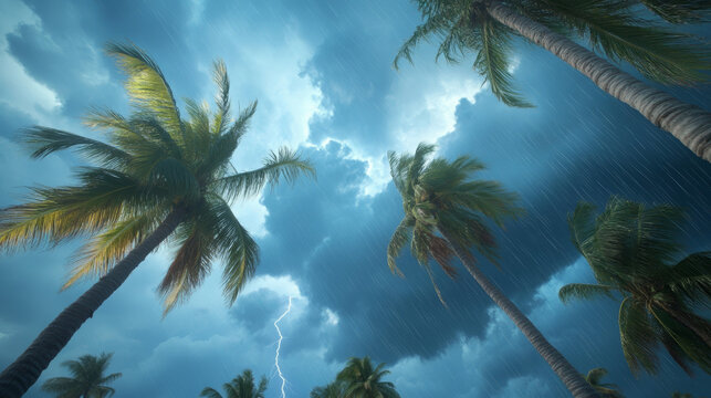Stormy sky over palm trees with rain and lightning in the background   - Powered by Adobe