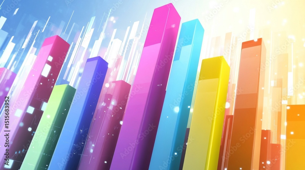 Poster a d bar graph with bright, glossy bars in multiple colors, representing financial data with an abstr
