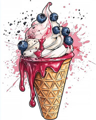 Illustration of an Ice Cream Cone with a Berry