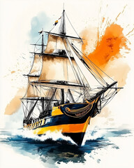 Classic Sailing Vessel in Soft Watercolor Illustration