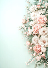 Beautiful bouquet of flowers with a green background. The flowers are pink and white and arranged in a way that creates a sense of harmony and balance. Scene is one of serenity and tranquility