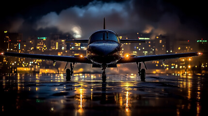 Futuristic jet is flying over a city at night. The jet is surrounded by a glowing cityscape, with lights from the buildings and streetlights illuminating the scene. Concept of excitement and wonder