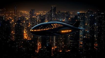 Futuristic jet is flying over a city at night. The jet is surrounded by a glowing cityscape, with lights from the buildings and streetlights illuminating the scene. Concept of excitement and wonder