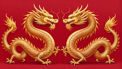 Fototapeta premium Two majestic golden dragons facing each other with fierce expressions on red background, symbolizing power and mythical strength in symmetrical design