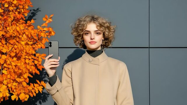 Autumn Fashion: Woman with Smartphone, Stylish Beige Coat