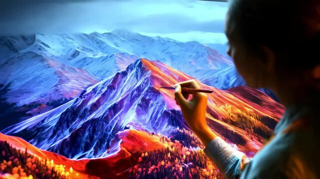 Artist paints colorful landscape with mountain range on canvas in a dimly lit room, working on an art project using paintbrush and vivid colors.