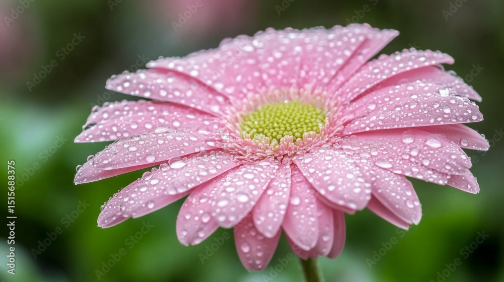 Poster a close-up of a flower with drops of water on its soft, pink petals, glowing in natural light, addin