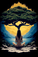 Woman is sitting under a tree by a lake. The tree is surrounded by mountains and the sky is orange. The woman is in a meditative state, and the scene is peaceful and serene