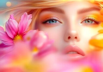 Beautiful woman with colorful flower petals on her face, close-up of beautiful makeup and eyelashes, pink lips, colorful background, soft lighting, high detail, high-resolution photography