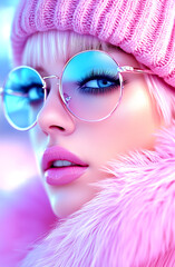 Woman with blue eyes and pink hair is wearing a pink hat and glasses. She is wearing a pink fur coat and has pink lips