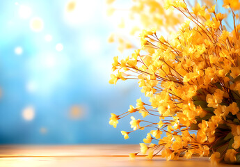 Bouquet of yellow flowers and dry grass on a blue background with bokeh lights, leaving space for text. Bright autumn composition with sunflowers, wheat, grasses, capturing the fall concept