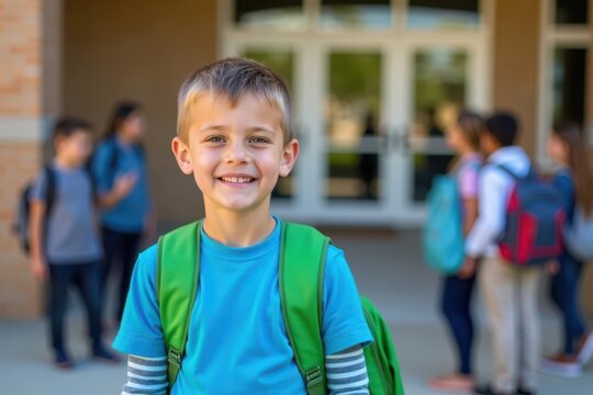 A young boy standing confidently in front of a school building, smiling at the camera while wearing a bright blue shirt and a green backpack. The background is slightly blurred with other students cha
