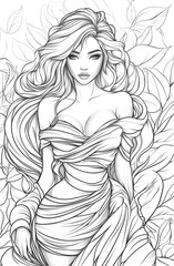 Beautiful woman in a silk dress, coloring page for adults, with thick lines and low detail, in black and white with no shading.